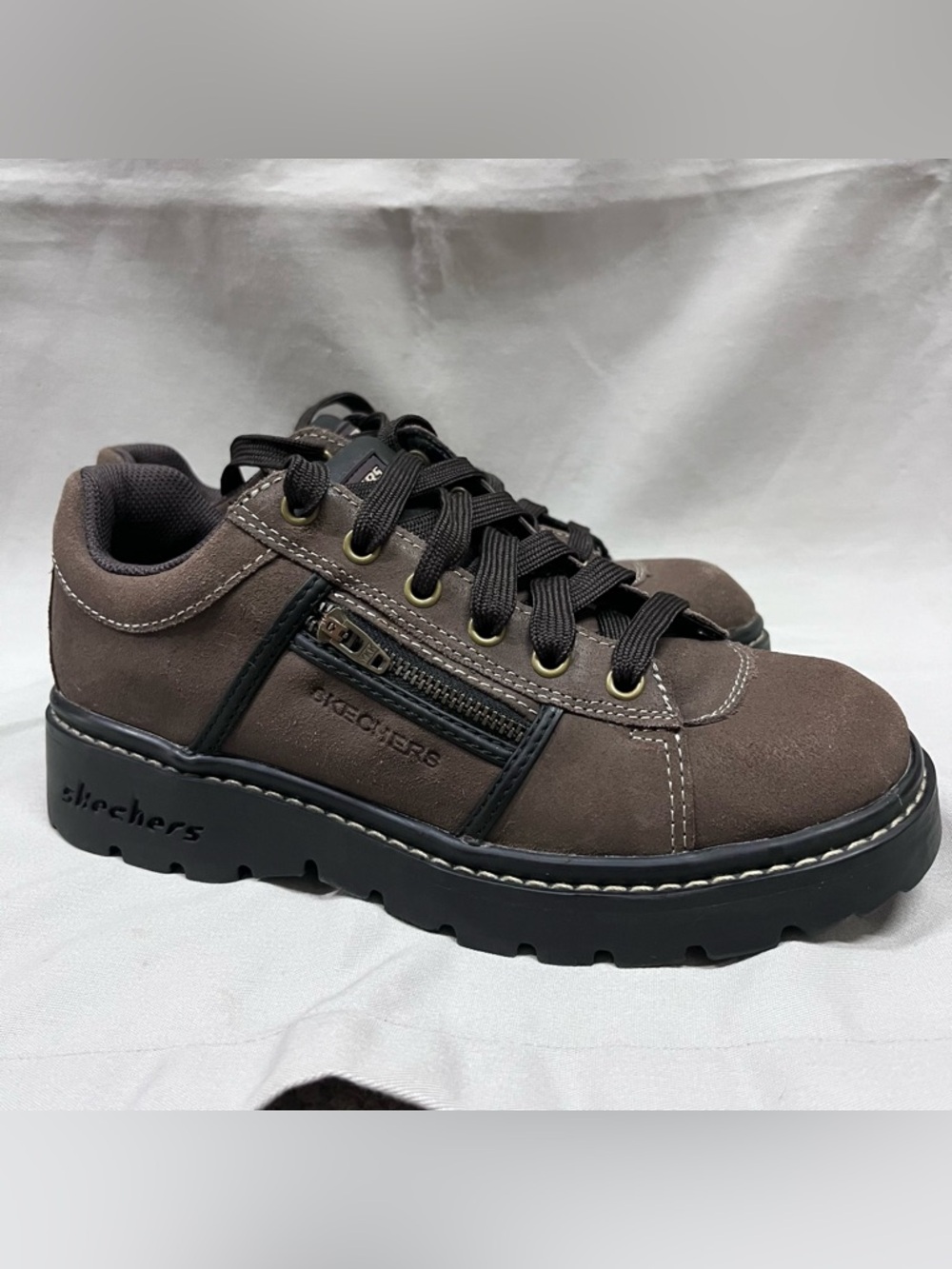 Skechers Tredds Shoes Women's 7.5 Brown Leather Y2K Jammers Chunky Oxford VTG